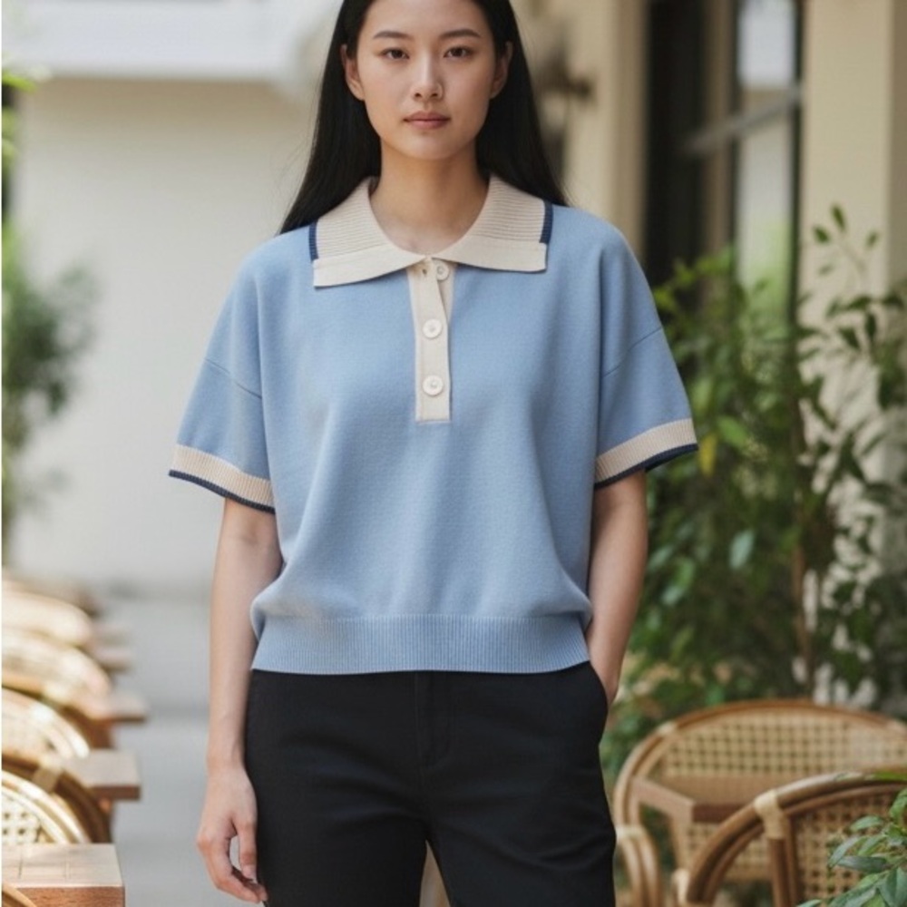 By Anthropologie Light Blue Knit Polo Crop Top with Cream Trim Size Small